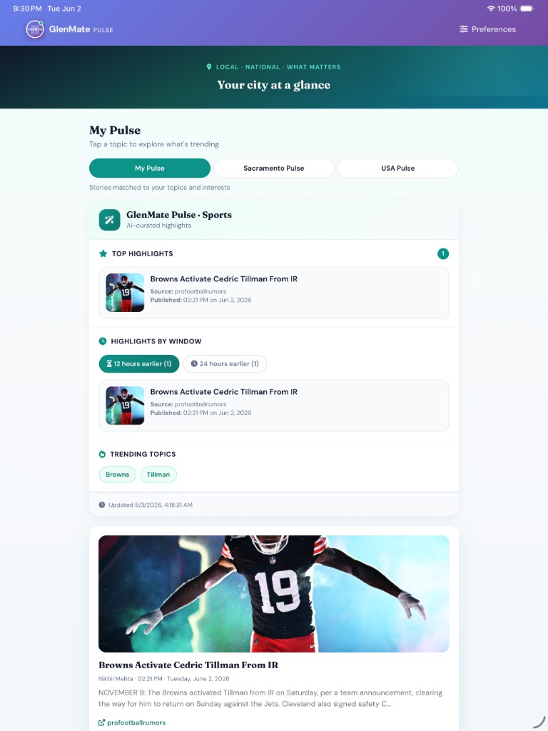 GlenMate City Pulse My Pulse feed with local and national headlines by topic