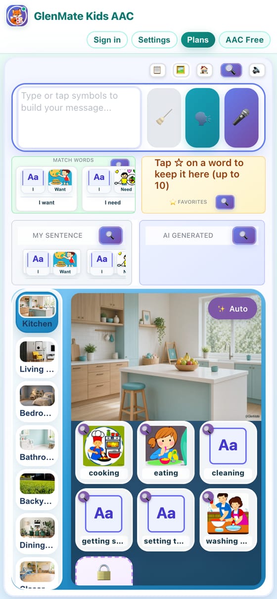 GlenMate Kids AAC board with a message bar and picture symbol cards
