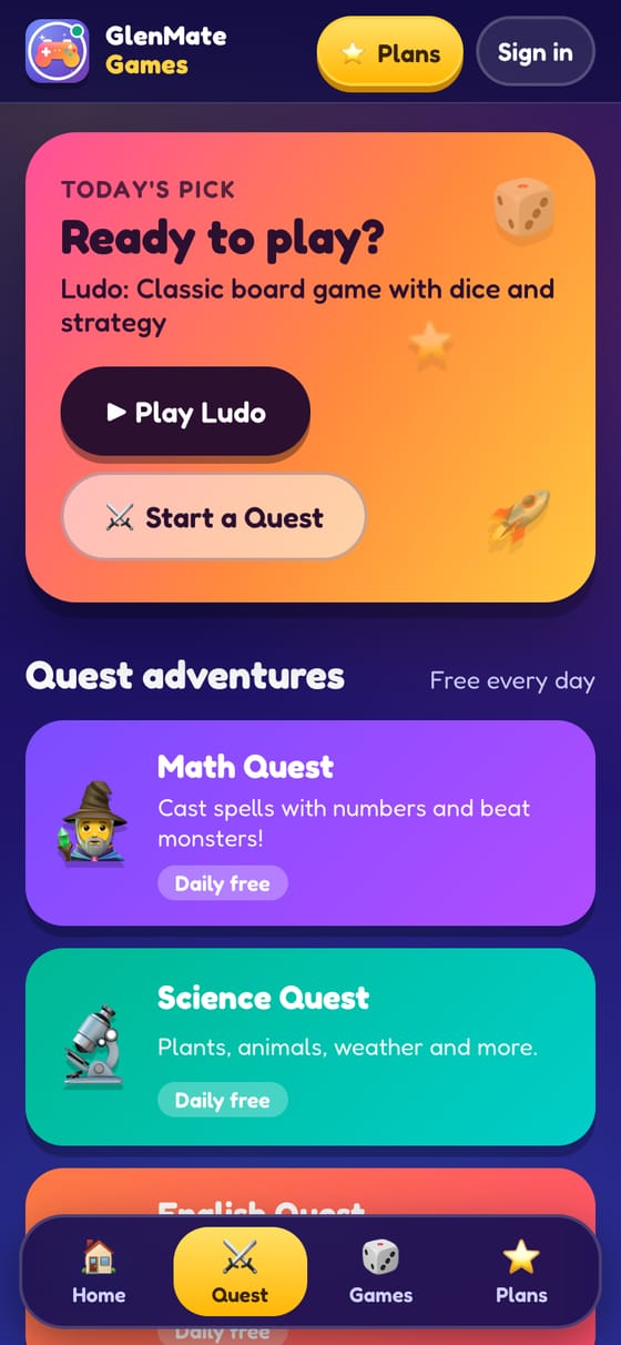GlenMate Kids Games home with Today’s pick and Quest adventures