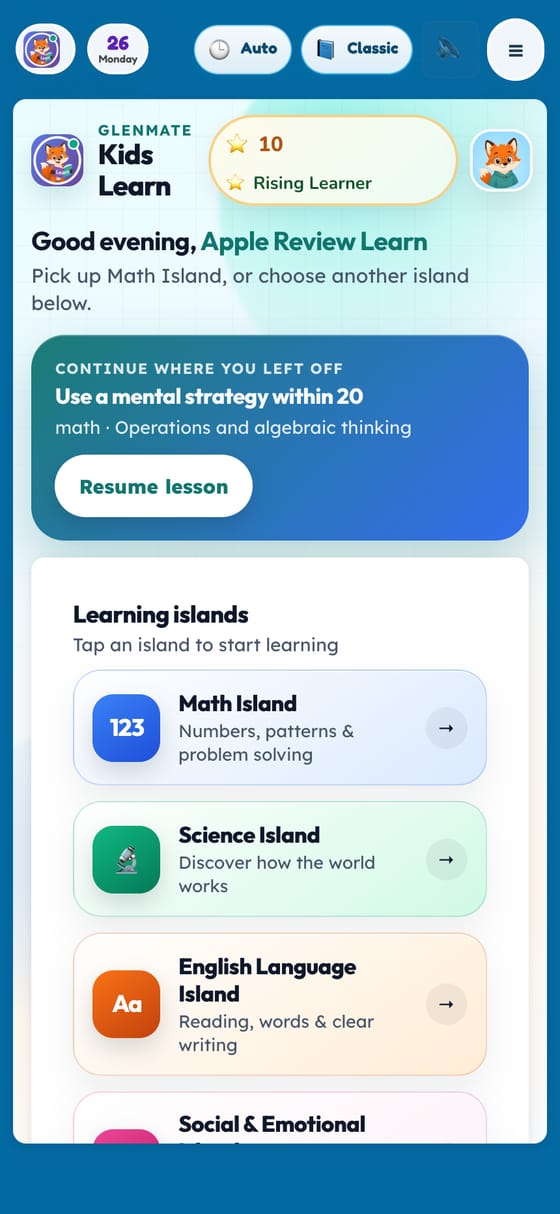 GlenMate Kids Learn home with Math, Science, English and Social & Emotional islands